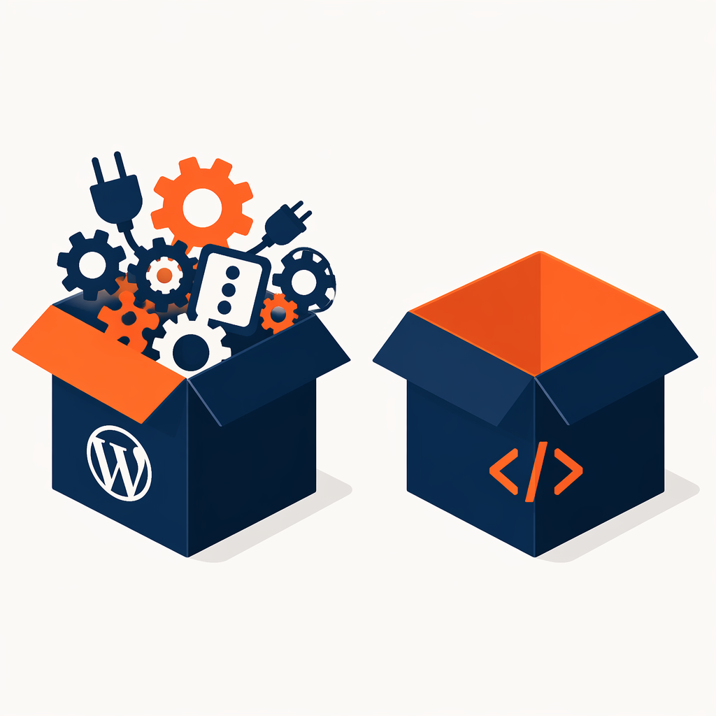 Коробка WordPress с плагинами рядом с сайтом на чистом HTML